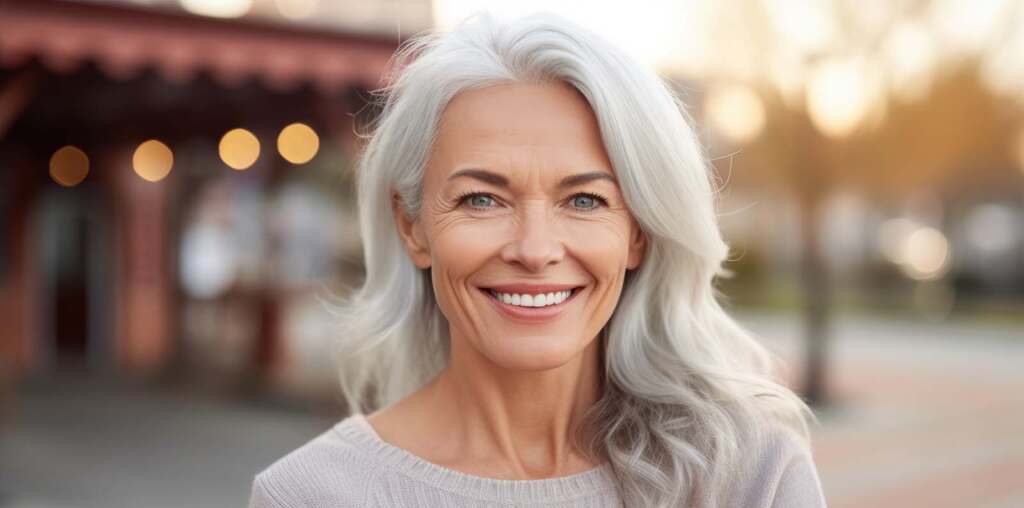 Senior old woman with dental implants smiling